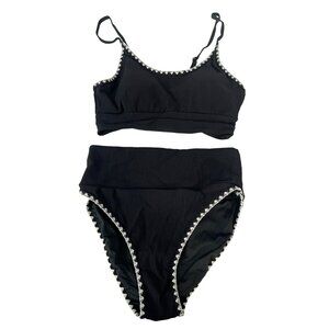 Cupshe Black Ribbed Bikini  High Waisted 2 Piece Set Bathing Suit Sz M NWOT